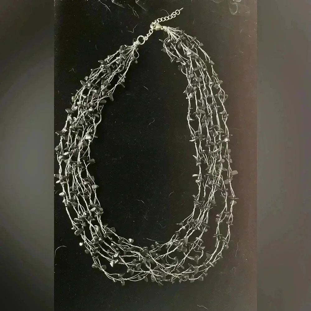 Vintage Signed Lucas Lameth Sterling silver black onyx 6 strand necklace